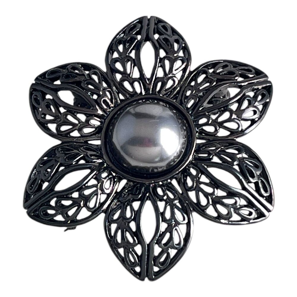 New Flower Pin Brooch Simulated Black Pearl Hematite Tone - 8L